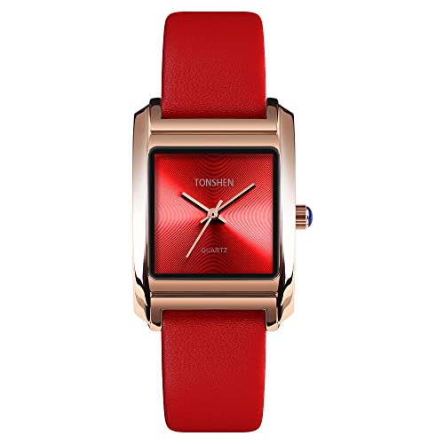 TONSHEN Damen Fashion Luxus Analog Quarz Uhren Elegant Edelstahl Lünetten mit Leder Band Armbanduhr (Rot) von TONSHEN