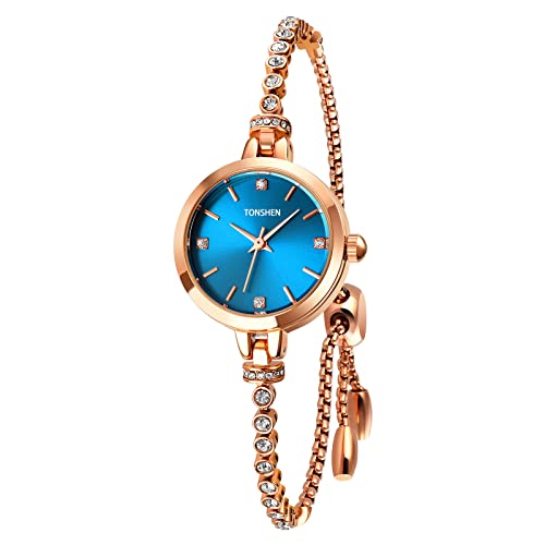 TONSHEN Damen Fashion Uhr Analog Quarz Damen Uhren Edelstahl Kette Kristall Armbanduhr (Blau) von TONSHEN