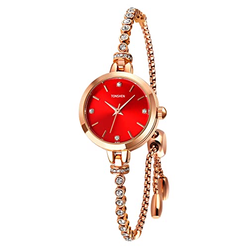 TONSHEN Damen Fashion Uhr Analog Quarz Damen Uhren Edelstahl Kette Kristall Armbanduhr (Rot) von TONSHEN