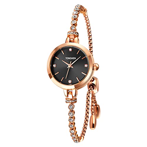 TONSHEN Damen Fashion Uhr Analog Quarz Damen Uhren Edelstahl Kette Kristall Armbanduhr (Schwarz) von TONSHEN