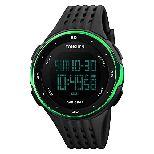 TONSHEN Damen Herren Digitaluhr Outdoor Sportuhr 50M Wasserdicht Armbanduhr Militär Uhren Kalender Alarm Stoppuhr EL Licht Plastik mit Silikon, Grün von TONSHEN