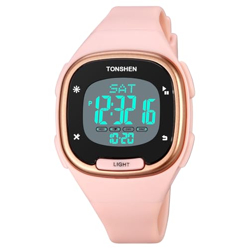 TONSHEN Damen Plastik Digital Sport Doppelte Zeit Wasserdicht Uhren Digitaluhr Sportuhr LED Elektronik Countdown Alarm Armbanduhr (Rosa) von TONSHEN