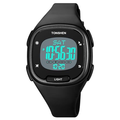 TONSHEN Damen Plastik Digital Sport Doppelte Zeit Wasserdicht Uhren Digitaluhr Sportuhr LED Elektronik Countdown Alarm Armbanduhr (Schwarz) von TONSHEN