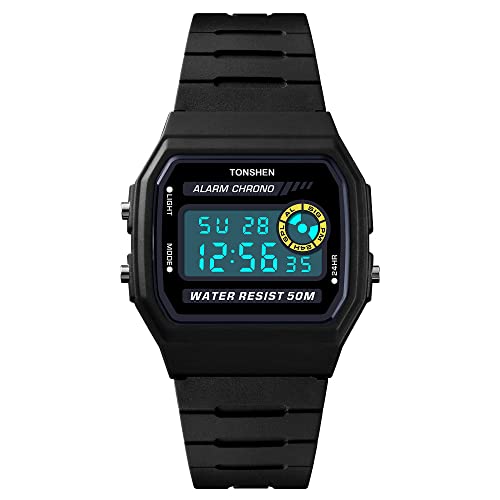 TONSHEN Damen Plastik Lünette mit Kautschuk Band Uhren 50M Wasserdicht Outdoor Sportuhr LED Elektronik Digitaluhr Alarm Stoppuhr Einfache Fashion Uhr (Blau) von TONSHEN