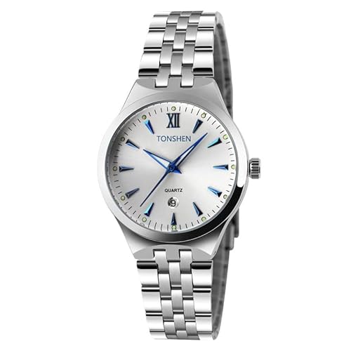 TONSHEN Damen Quarz Uhr Luxus Business Uhren Edelstahl Band Analog Armbanduhr Kalender Leuchtende Zeiger Damenuhr Klassiker Casual Quarzuhr, Silber von TONSHEN