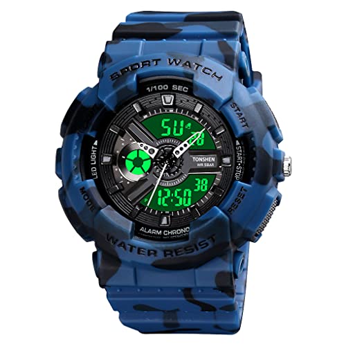 TONSHEN Damen Uhr Multifunktional Outdoor Militär Sportuhr 50M Wasserdicht Analog Quarz LED Doppelte Zeit Digital Uhren Plastik Lünette und Kautschuk Band (Blau Camo) von TONSHEN