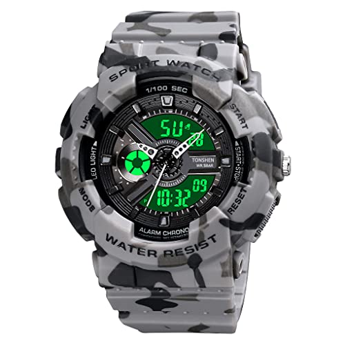 TONSHEN Damen Uhr Multifunktional Outdoor Militär Sportuhr 50M Wasserdicht Analog Quarz LED Doppelte Zeit Digital Uhren Plastik Lünette und Kautschuk Band (Grau) von TONSHEN