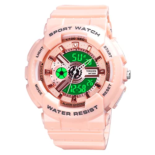 TONSHEN Damen Uhr Multifunktional Outdoor Militär Sportuhr 50M Wasserdicht Analog Quarz LED Doppelte Zeit Digital Uhren Plastik Lünette und Kautschuk Band (Rosa) von TONSHEN