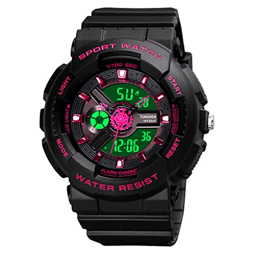 TONSHEN Damen Uhr Multifunktional Outdoor Militär Sportuhr 50M Wasserdicht Analog Quarz LED Doppelte Zeit Digital Uhren Plastik Lünette und Kautschuk Band (Rot) von TONSHEN