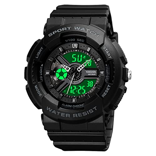 TONSHEN Damen Uhr Multifunktional Outdoor Militär Sportuhr 50M Wasserdicht Analog Quarz LED Doppelte Zeit Digital Uhren Plastik Lünette und Kautschuk Band (Schwarz) von TONSHEN