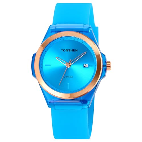 TONSHEN Damen Uhren Analog Quarz Kalender Einfacher Stil Mehrere Farben Armbanduhren Plastik Lünette mit Kautschuk Band (Blau) von TONSHEN