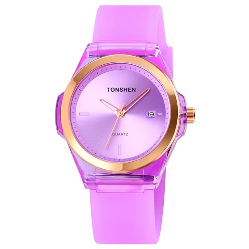 TONSHEN Damen Uhren Analog Quarz Kalender Einfacher Stil Mehrere Farben Armbanduhren Plastik Lünette mit Kautschuk Band (Lila) von TONSHEN