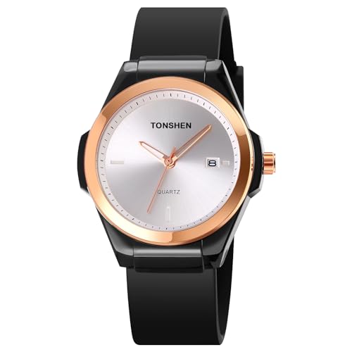 TONSHEN Damen Uhren Analog Quarz Kalender Einfacher Stil Mehrere Farben Armbanduhren Plastik Lünette mit Kautschuk Band (Schwarz Weiß) von TONSHEN