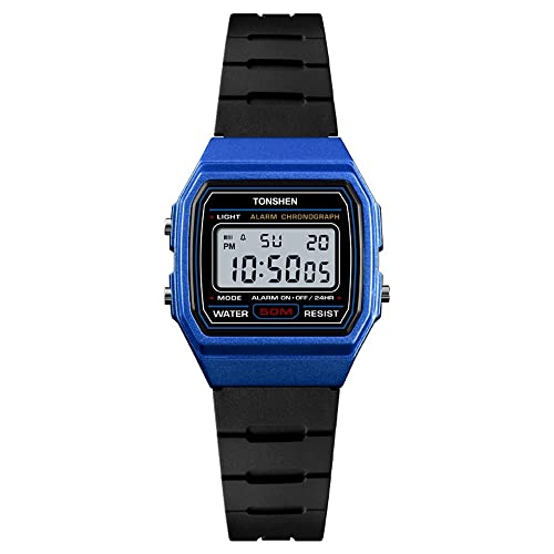 TONSHEN Damen Uhren LED Elektronik Digitaluhr 50M Wasserdicht Outdoor Sportuhr Junge Mädchen LED Elektronik Armbanduhr Plastik Lünette mit Kautschuk Band (Blau Schwarz) von TONSHEN