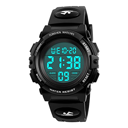 TONSHEN Unisex LED Digital Outdoor Sport Uhr Wasserdicht Armbanduhr Elektronische Militär Tactical Uhren 12H/24H Zeit Kalender Alarm Stoppuhr EL Licht Plastik mit Silikon Große Anzahl (Damen Schwarz) von TONSHEN