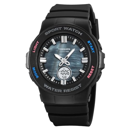 TONSHEN Damen und Herren Digital Sport Uhren Analog Quarz LED Elektronik DREI Zeit 50M Wasserdicht Outdoor Militär Alarm Datum Stoppuhr Plastik Armbanduhr (Schwarz) von TONSHEN