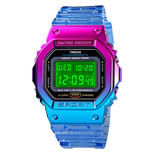 TONSHEN Damen und Kind Wasserdicht Uhren Plastik Lünette mit Kautschuk Band Outdoor Digitaluhr LED Elektronik Doppelte Zeit Alarm Stoppuhr Sport Uhren (Blau) von TONSHEN