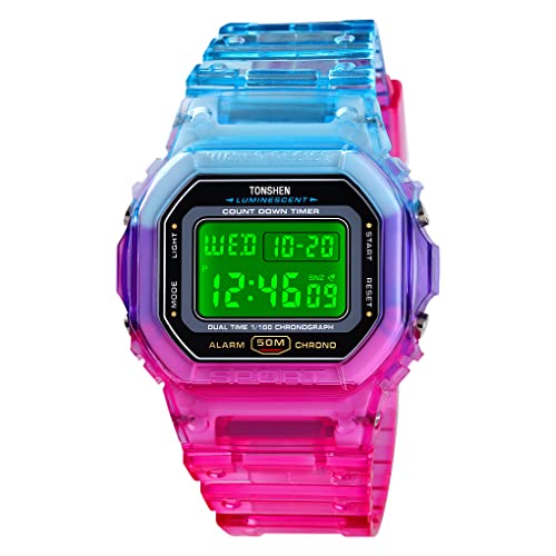TONSHEN Damen und Kind Wasserdicht Uhren Plastik Lünette mit Kautschuk Band Outdoor Digitaluhr LED Elektronik Doppelte Zeit Alarm Stoppuhr Sport Uhren (Blau-Rot) von TONSHEN