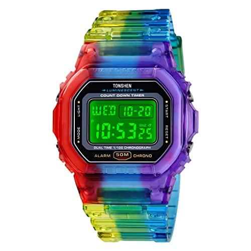 TONSHEN Damen und Kind Wasserdicht Uhren Plastik Lünette mit Kautschuk Band Outdoor Digitaluhr LED Elektronik Doppelte Zeit Alarm Stoppuhr Sport Uhren (Mehrfarbig) von TONSHEN