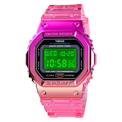 TONSHEN Damen und Kind Wasserdicht Uhren Plastik Lünette mit Kautschuk Band Outdoor Digitaluhr LED Elektronik Doppelte Zeit Alarm Stoppuhr Sport Uhren (Rosa) von TONSHEN