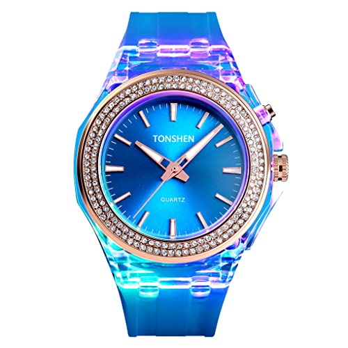 TONSHEN Damen und Mädchen Fashion Analog Quarz Uhren 50M Wasserdicht Plastik Lünette und Kautschuk Band Armbanduhr (Blau) von TONSHEN