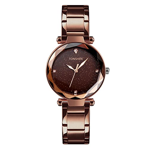 TONSHEN Damen und Mädchen Luxus Elegant Uhren Analog Quarz Edelstahl Casual Elegant Armbanduhr (Braun) von TONSHEN