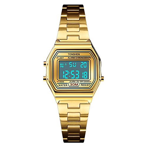 TONSHEN Damen und Mädchen Luxus Fashion Uhren Edelstahl LED Elektronik Alarm Stoppuhr Digitaluhr Multifunktional Outdoor Sportuhr (Gold) von TONSHEN