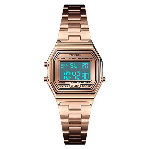 TONSHEN Damen und Mädchen Luxus Fashion Uhren Edelstahl LED Elektronik Alarm Stoppuhr Digitaluhr Multifunktional Outdoor Sportuhr (Rosa) von TONSHEN