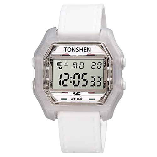 TONSHEN Damen und Teenager Uhr Outdoor Militär Sportuhr 50M Wasserdicht LED Elektronik Digitaluhr Plastik Lünette und Kautschuk Band Uhren Multifunktionale Alarm Datum Armbanduhr (Weiß) von TONSHEN