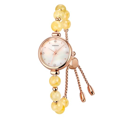 TONSHEN Damenuhr Analog Quarz Damen Uhren Perle Band Edelstahl Kleidung Armbanduhr (Gelb) von TONSHEN