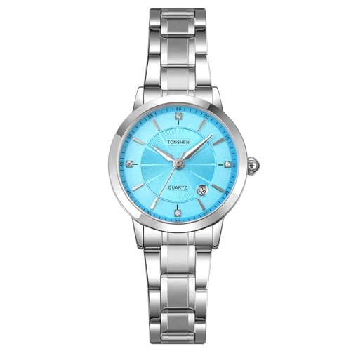 TONSHEN Damenuhr Analog Quarz Edelstahluhr Uhren Kalender Mehrere Farben Armbanduhr (Blau) von TONSHEN