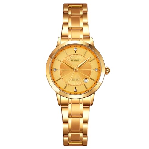 TONSHEN Damenuhr Analog Quarz Edelstahluhr Uhren Kalender Mehrere Farben Armbanduhr (Gold) von TONSHEN