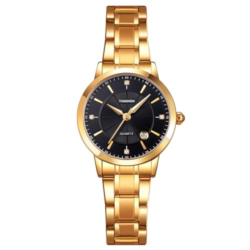 TONSHEN Damenuhr Analog Quarz Edelstahluhr Uhren Kalender Mehrere Farben Armbanduhr (Gold Schwarz) von TONSHEN