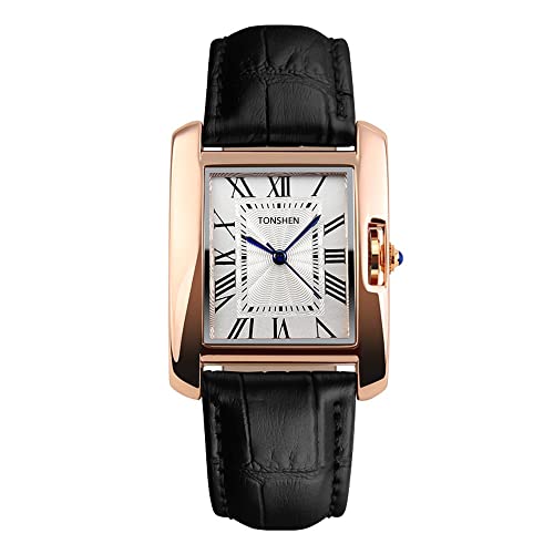 TONSHEN Damenuhr Analog Quarz Uhr Rosé Gold Schale Lederband Uhren Quarzuhr Armbanduhr für Damen Mädchen (Schwarz) von TONSHEN