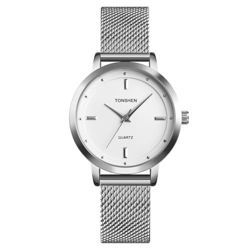 TONSHEN Damenuhr Analog Quarz Uhren Edelstahl Armbanduhr Einfaches Design (Silber) von TONSHEN