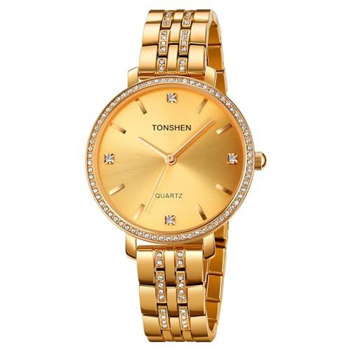 TONSHEN Damenuhr Analog Quarz Uhren Edelstahl Kristall Armbanduhr (Gold) von TONSHEN