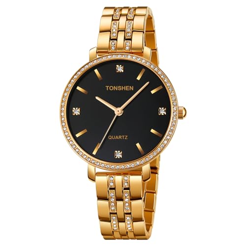 TONSHEN Damenuhr Analog Quarz Uhren Edelstahl Kristall Armbanduhr (Gold Schwarz) von TONSHEN