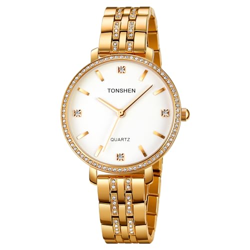 TONSHEN Damenuhr Analog Quarz Uhren Edelstahl Kristall Armbanduhr (Gold Weiß) von TONSHEN