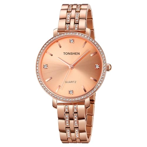 TONSHEN Damenuhr Analog Quarz Uhren Edelstahl Kristall Armbanduhr (Rose) von TONSHEN