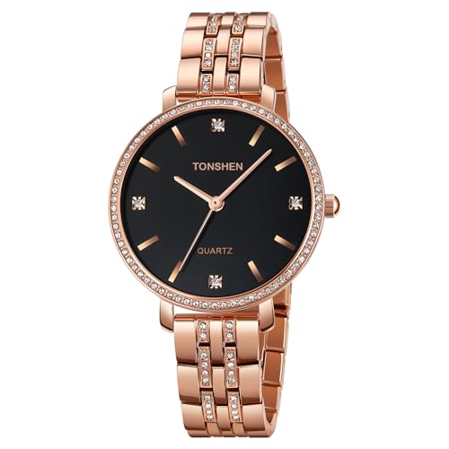 TONSHEN Damenuhr Analog Quarz Uhren Edelstahl Kristall Armbanduhr (Rose Schwarz) von TONSHEN