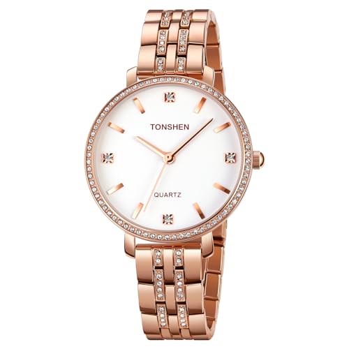 TONSHEN Damenuhr Analog Quarz Uhren Edelstahl Kristall Armbanduhr (Rose Weiß) von TONSHEN