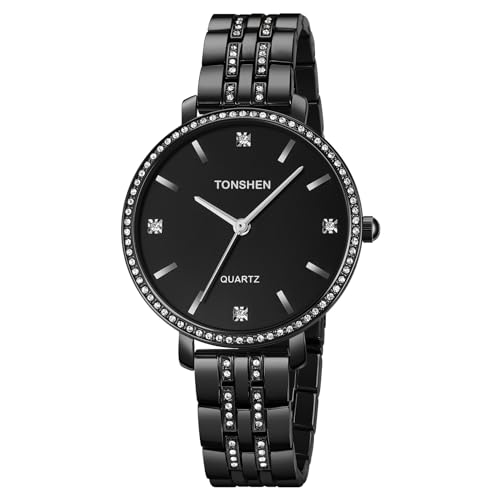 TONSHEN Damenuhr Analog Quarz Uhren Edelstahl Kristall Armbanduhr (Schwarz) von TONSHEN
