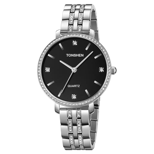 TONSHEN Damenuhr Analog Quarz Uhren Edelstahl Kristall Armbanduhr (Silber Schwarz) von TONSHEN