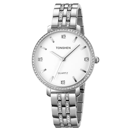 TONSHEN Damenuhr Analog Quarz Uhren Edelstahl Kristall Armbanduhr (Silber Weiß) von TONSHEN