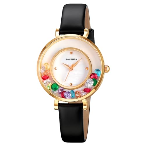 TONSHEN Damenuhr Analog Quarz Uhren Edelstahl Lünette mit Leder Band Bunte Kristalle Armbanduhr (Gold) von TONSHEN