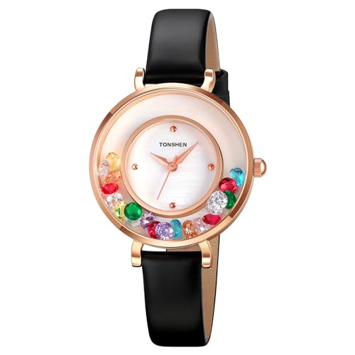 TONSHEN Damenuhr Analog Quarz Uhren Edelstahl Lünette mit Leder Band Bunte Kristalle Armbanduhr (Rose) von TONSHEN