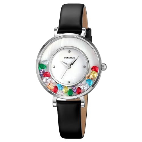 TONSHEN Damenuhr Analog Quarz Uhren Edelstahl Lünette mit Leder Band Bunte Kristalle Armbanduhr (Silber) von TONSHEN