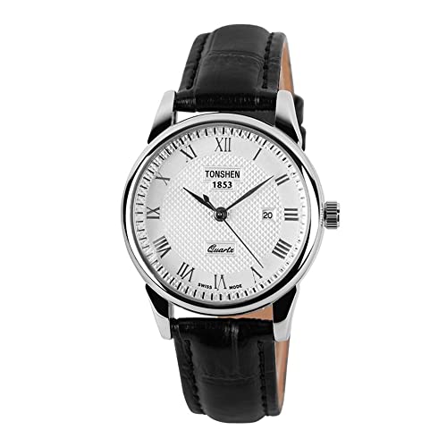 TONSHEN Damenuhr Analog Uhr Schwarz Lederband Edelstahl Zifferblatt Uhren Kalender Quarzuhr Armbanduhr für Damen von TONSHEN