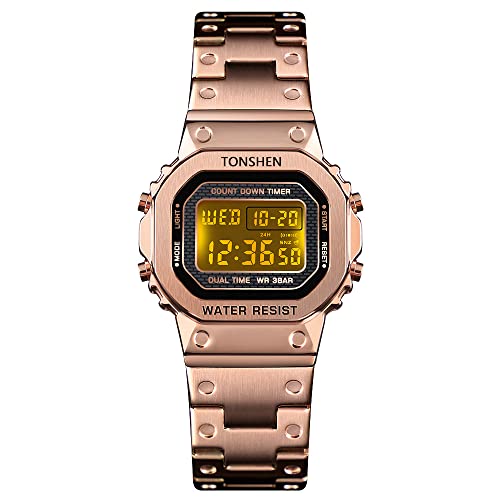 TONSHEN Damenuhr Edelstahl Digitaluhr Sportuhr LED Elektronik Outdoor Multifunktional Doppelte Zeit Countdown Alarm Stoppuhr Uhren Casual Armbanduhr (Rose) von TONSHEN