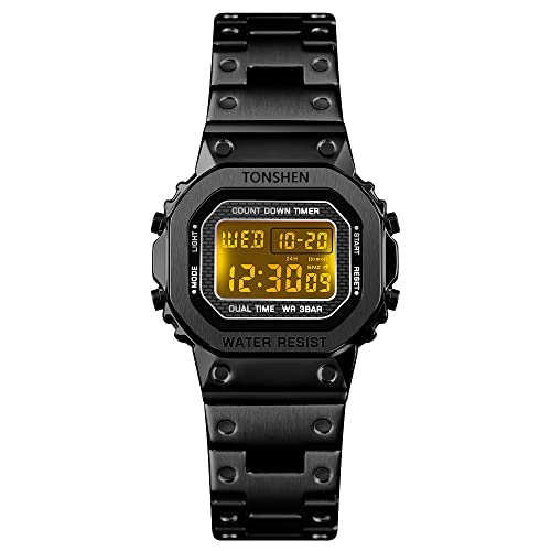 TONSHEN Damenuhr Edelstahl Digitaluhr Sportuhr LED Elektronik Outdoor Multifunktional Doppelte Zeit Countdown Alarm Stoppuhr Uhren Casual Armbanduhr (Schwarz) von TONSHEN